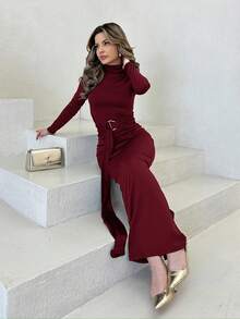 Jemour New Slim Fit Thermal Stand Collar Long Sleeve Cinched Waist Extra Long Versatile Dress, Autumn/Winter - Burgundy - View 5