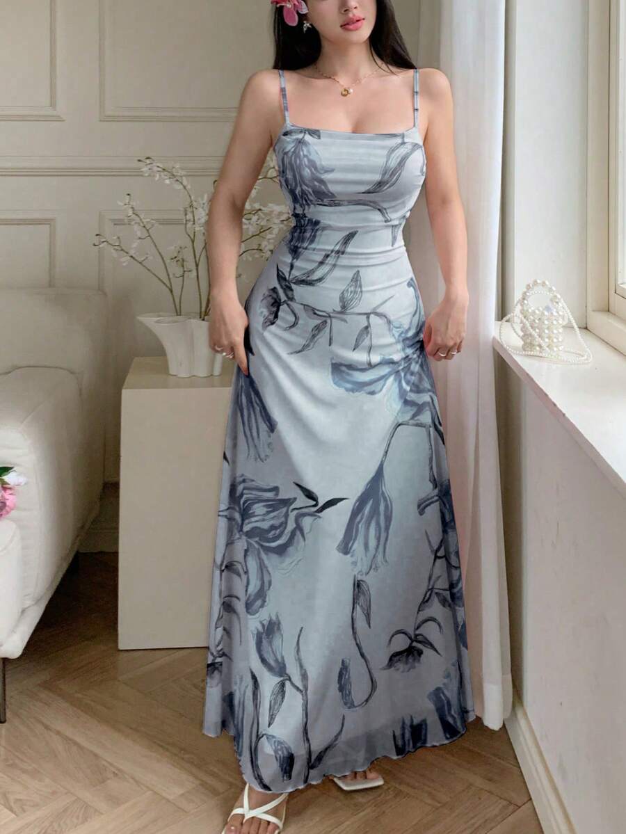 Modelyn 女士网纱印花吊带荷叶边腰身夏季休闲连衣裙 - 淺藍色 - 查看 1