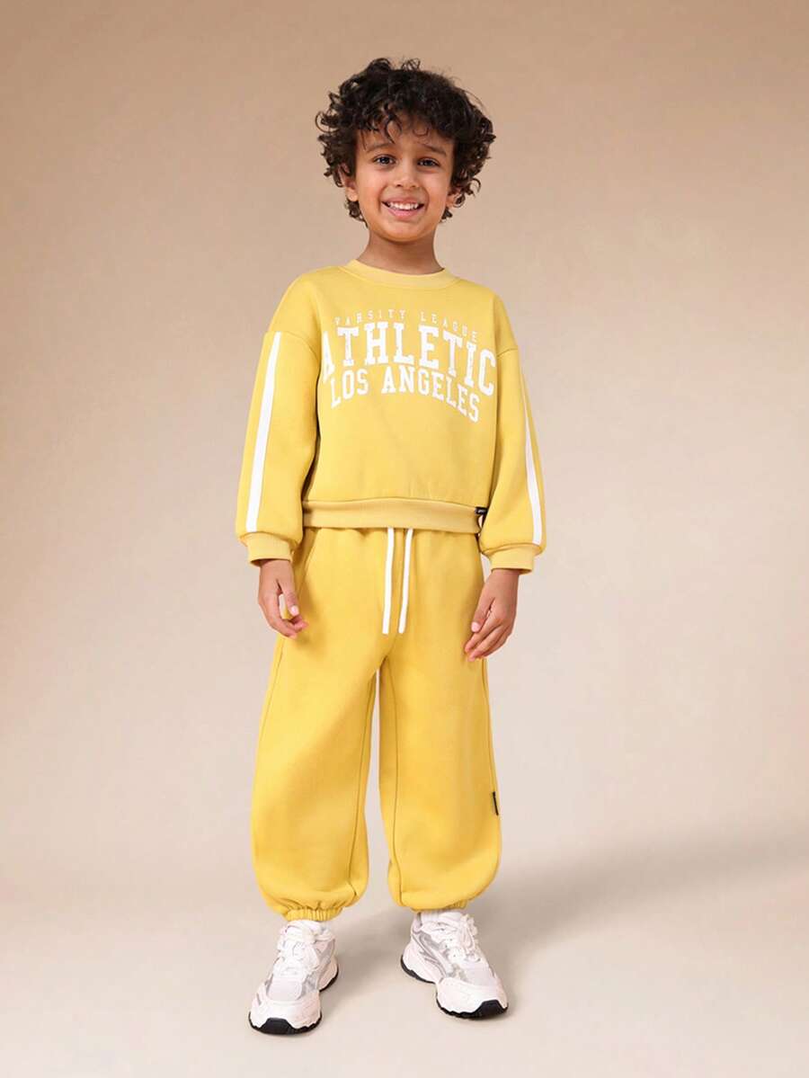 SUMWON Boys Yellow Athletic Los Angeles Varsity Print Sweatshirt And Jogger Co-Ord Set Waist Long Sleeve Pullover Casual Tracksuit Vacation - Yellow - View 1
