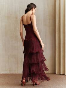 Anewsta Women's Autumn/Winter New Heavily Embellished Rhinestone Multi-Layer Tassel Bandeau Dress, Christmas - Burgundy - View 2