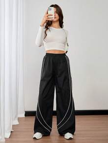 SHEIN Tall Damen Lässig Hose mit Kordelzug, hoher Taille und weitem Bein - Schwarz - Übersicht 9