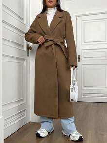 Flirla Áo khoác ngoài cổ ve lật tay dài màu trơn dành cho nữ, Thu/Đông - Cà phê nâu - Xem 3