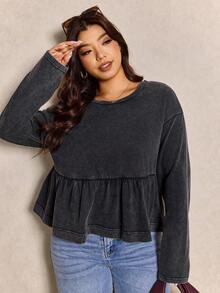 Elaquor 大码女式复古水洗荷叶边拼接黑色T恤，休闲女款 - 黑色 - 查看 7