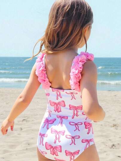 Söt rosa blommig baddräkt för ung flicka, moderiktig avslappnad baddräkt, lämplig för flickor, simning, semester, strand, pool, fotografering, sommarlovspresent