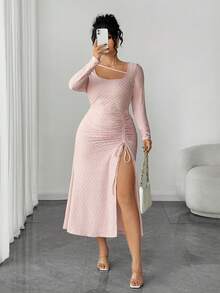 Elenzga 大码长袖纹理下摆开衩连衣裙 - 粉色 - 查看 4