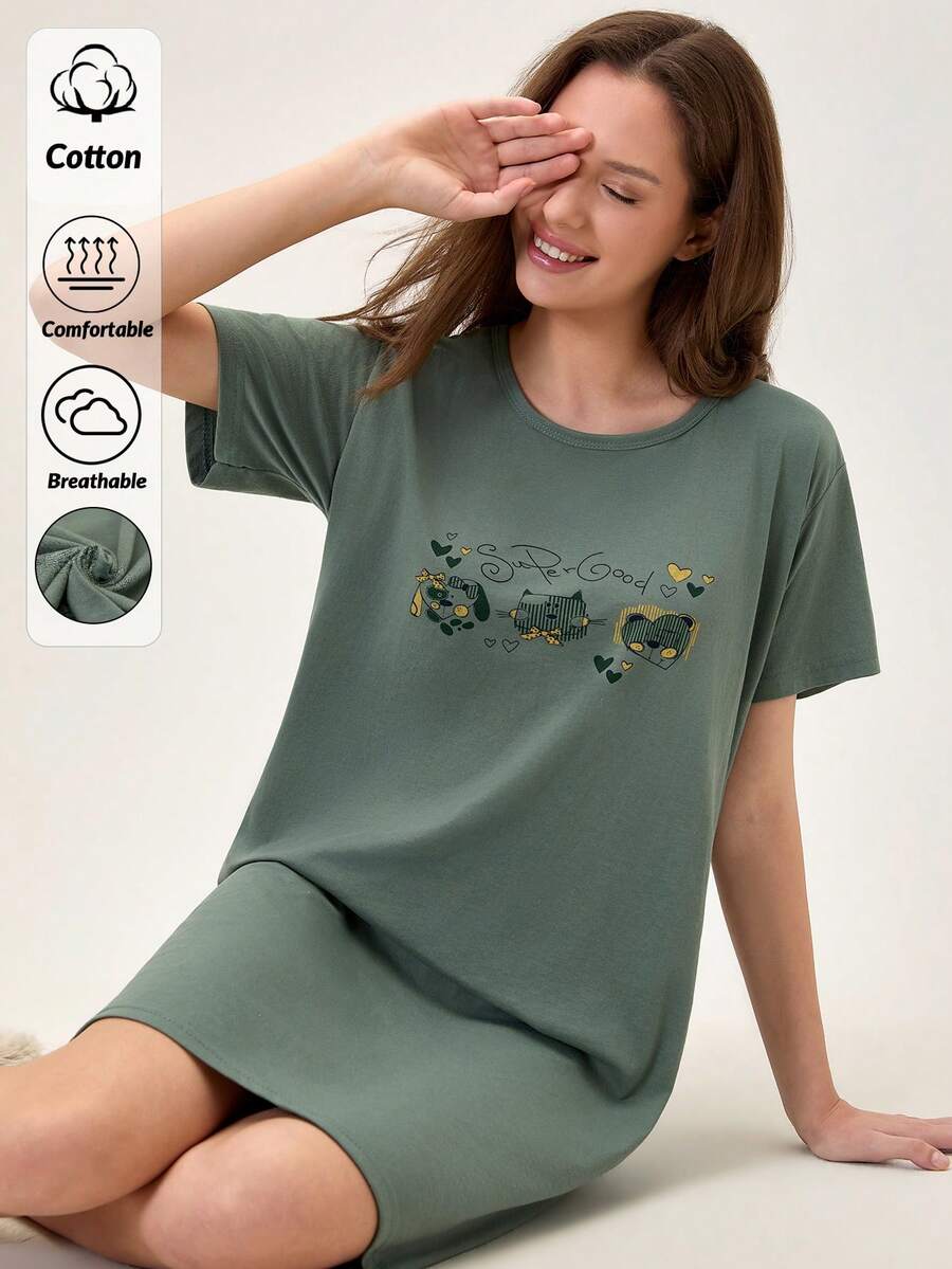 Women Contrast Colour Cute Animal Prints Basic Homewear Sleepdress - Green - View 1