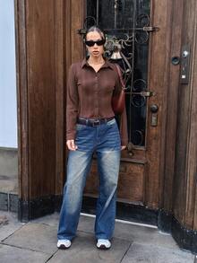 Chiquease Women's Solid Color Button-Up Short Sleeve Shirt - Chocolate Brown - View 3