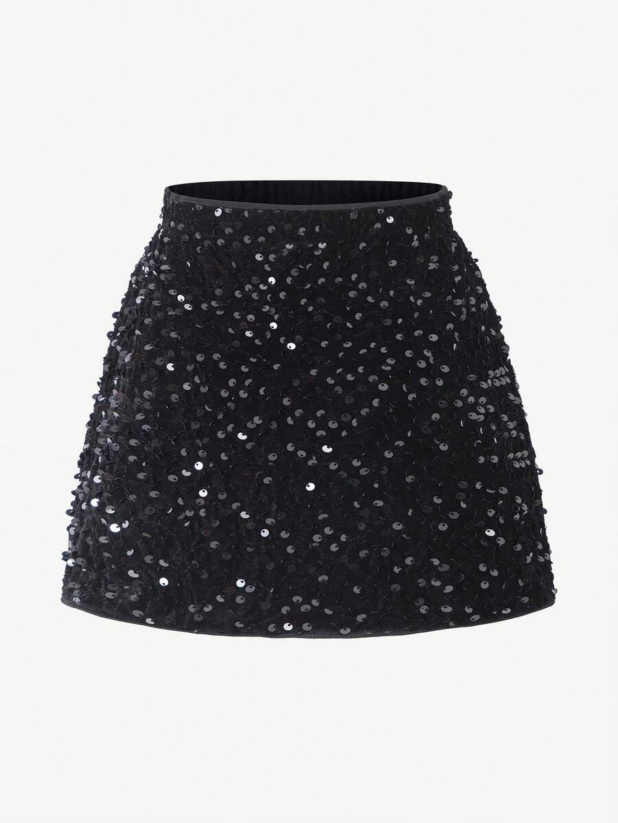 Rok Mini Warna Polos dengan Hiasan Payet, Cocok untuk Liburan, Anak Perempuan Muda - Hitam - View 1