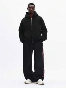 SUMWON Pantalones de chándal de corte relajado con estampado gráfico de texto rosa, cintura con cordón cómodo, pantalones casuales para estar en casa - Negro - Ver 5