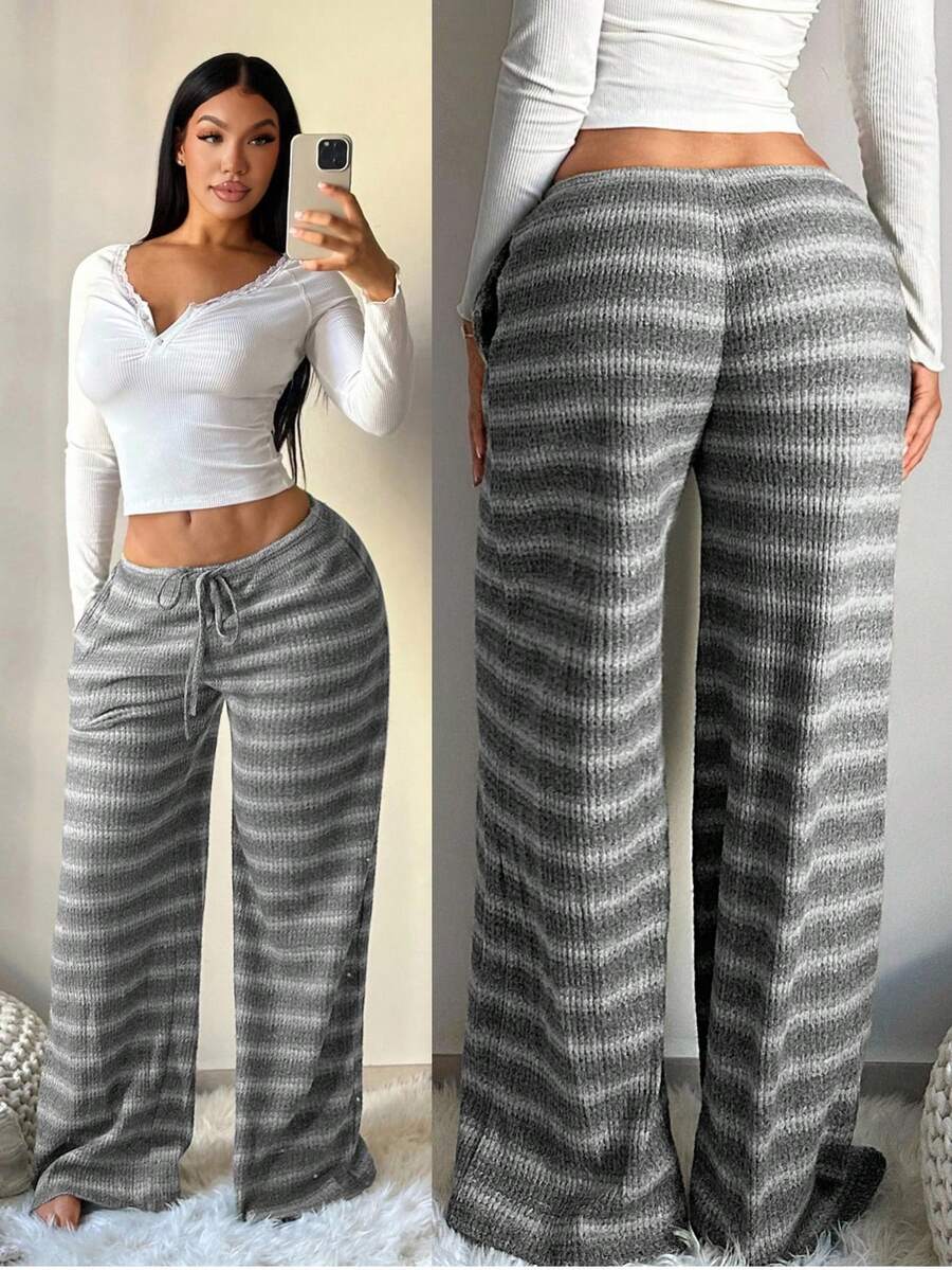 SHEIN SXY Plus Size Women's Comfortable Casual Simple Low-Waisted Drawstring Gray Wide-Leg Striped Pants Comfortable Home Pants - Grey - View 1