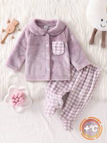 Newborn Baby Pajamas-2 Piece Pajama Set Infant Plush Lavender Pastel Peter Pan Collar Long Sleeve Button Front Top Footed Check Pattern Pants Patch Pocket Winter Autumn Holiday Twenty Twenty Six New Year Warm Cozy Gift - Purple - View 7