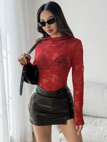 EgrlEra Women Lace Floral Sheer Sexy Top (Random Cut) Fall Cloth For Women - Red - View 4