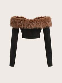 Sweetina Off Shoulder Fuzzy Trim Crop Pink Jacket In Fall/Winter,Fall,Fall Clothes For Women,Women's Winter Clothes - Black - View 2