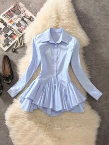 Selianne 女士优雅时尚通勤休闲舒适迷人复古简约高端假日浪漫长袖翻领开衫A字荷叶边下摆纯色衬衫 - 淺藍色 - 查看 1