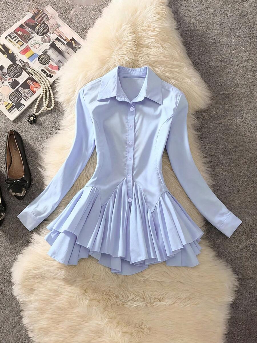 Selianne 女士优雅时尚通勤休闲舒适迷人复古简约高端假日浪漫长袖翻领开衫A字荷叶边下摆纯色衬衫 - 淺藍色 - 查看 1