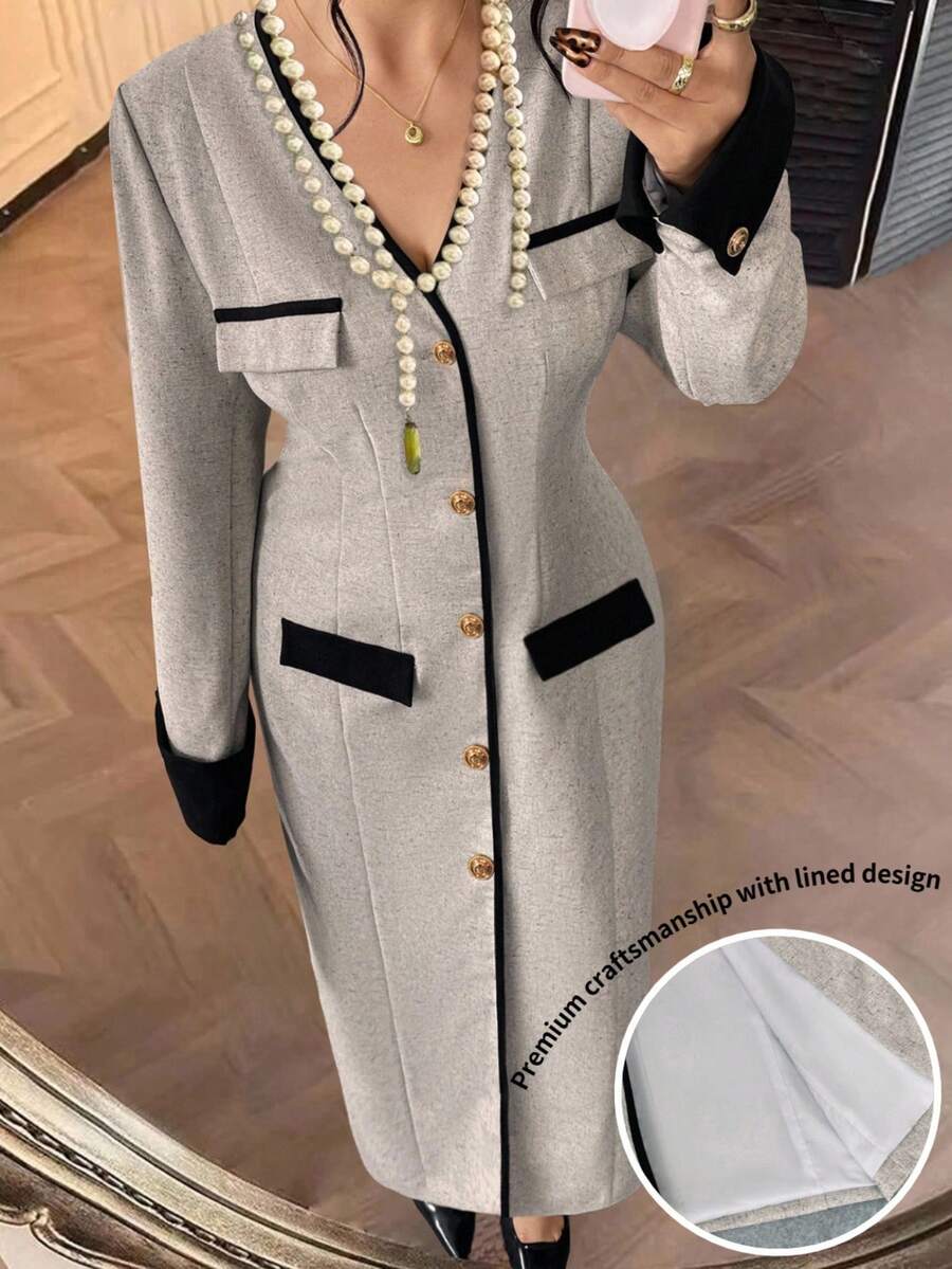 SHEIN Elenzya Plus Size Women's Elegant Luxury Contrast Color Open Front Long Sleeve Metal Button Dress, Autumn - Grey - View 1