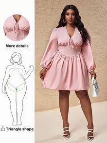 Truni Plus Size Women's Floral Peplum Hem Mini Dress, Long Sleeve Dress/Autumn /Winter - Pink - View 1