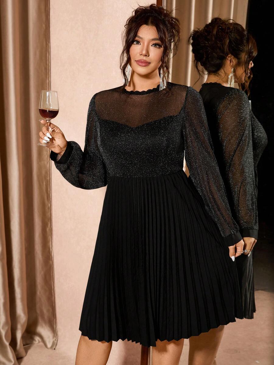 Cravure Plus Size Women's High-End Round Neck Ruffle Hem Pleated Waist Vintage Luxurious Elegant Party Dress Black Elegant Dress Plus Size Cocktail Dress Long Sleeve Elegant Dress Plus Size Elegant Dress - Black - View 1