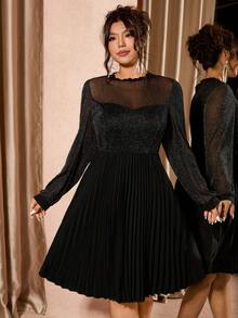 Cravure Plus Size Women's High-End Round Neck Ruffle Hem Pleated Waist Vintage Luxurious Elegant Party Dress Black Elegant Dress Plus Size Cocktail Dress Long Sleeve Elegant Dress Plus Size Elegant Dress - Black - View 4