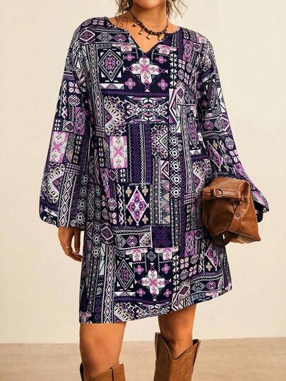 Freevana Plus Size Vacation Allover Print Notched Neck Lantern Sleeve Dress, Autumn