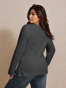 Elaquor Plus Size Women's Solid Color Round Neck Casual Side Slit Long Sleeve T-Shirt For Spring - Dark Grey - View 2