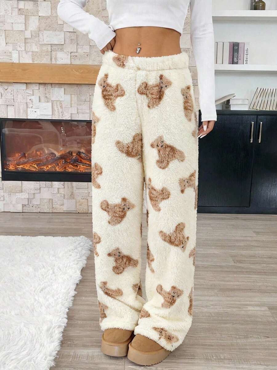 Tween Girl Casual Cartoon Pattern Drawstring Waist Teddy Fleece Long Pants, Autumn/Winter Cute Sweatpants Teddy Bear Print Pants
