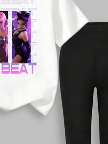 SHEIN 2pcs/Set KPOP Graphic Print Top, Tween Girl Crew Neck Sweatshirt And Leggings Set, Fashionable Casual, Suitable For Autumn/Winter - Multicolor - View 4