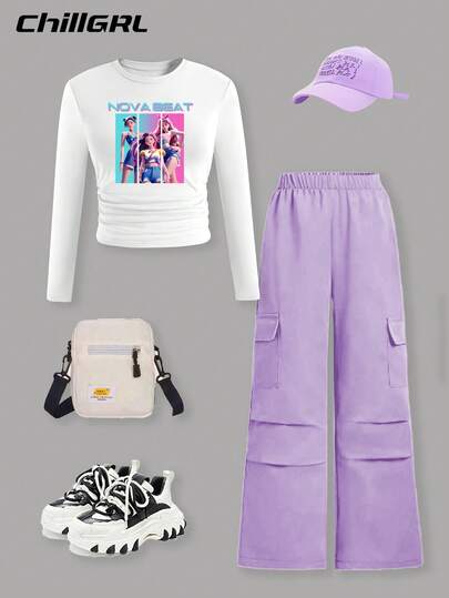 SHEIN ChillGRL Set de 2 piezas con top con estampado gráfico KPOP y pantalones cargo de pierna recta, estilo urbano, adecuado para otoño/invierno, top de manga larga