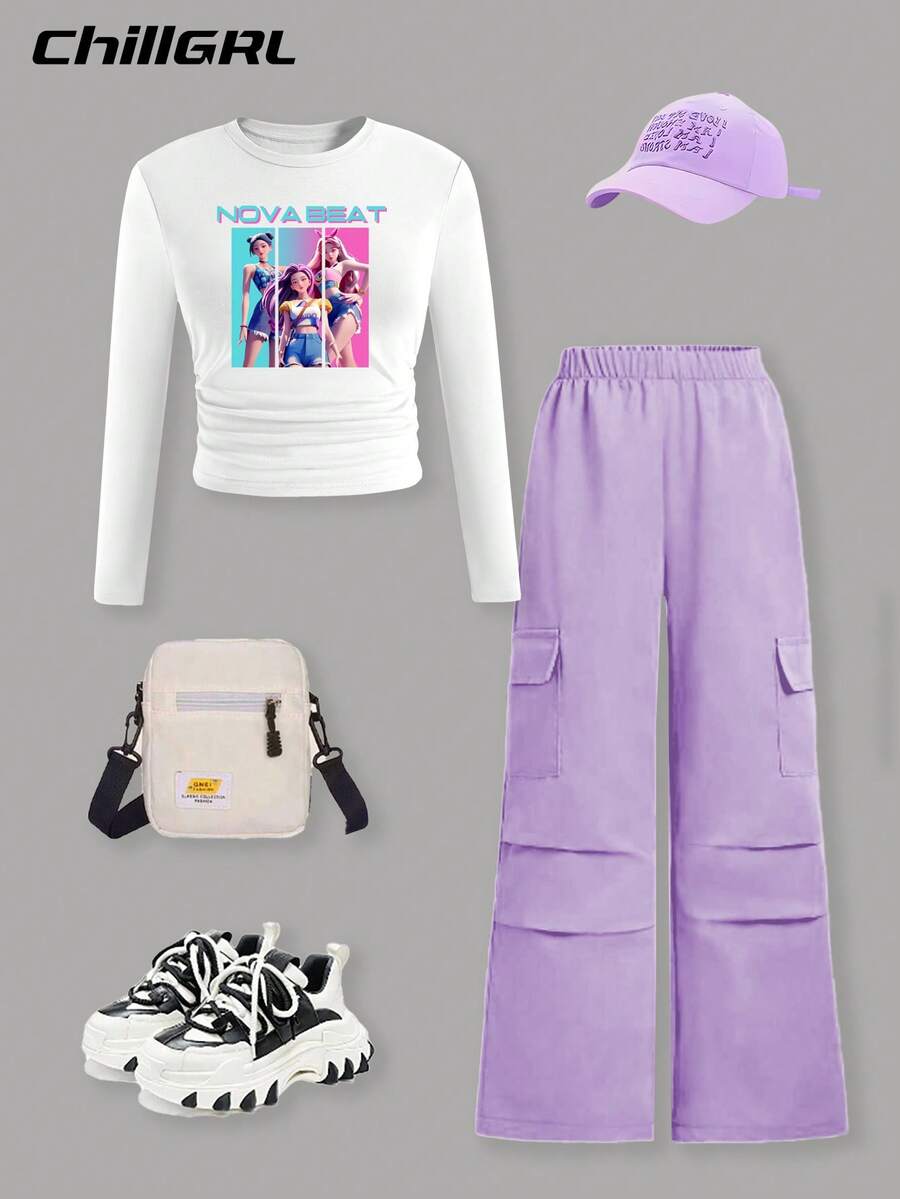 SHEIN ChillGRL 2 件套 KPOP 图案印花上衣和直筒工装裤套装，街头风格，适合秋冬季，长袖上衣 - 彩色 - 查看 1