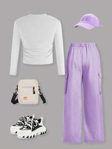 SHEIN ChillGRL 2 件套 KPOP 图案印花上衣和直筒工装裤套装，街头风格，适合秋冬季，长袖上衣 - 彩色 - 查看 2