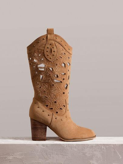 Styleloop Women's Vintage Hollow-Out Chunky High Heel Western Boots For Christmas