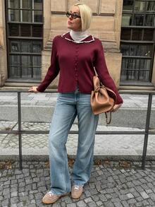 Vivie Lora Women's Loose Fit Collared Color Block Ruffle Trim Casual Cardigan Sweater - Burgundy - View 6