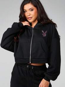 Missguided x Playboy Oversized Crop Voll-Reißverschluss Kapuzenpullover mit Strass-Hasen-Logo und Rücken-Text-Detail für lässigen Streetwear-Stil - Schwarz - Übersicht 4