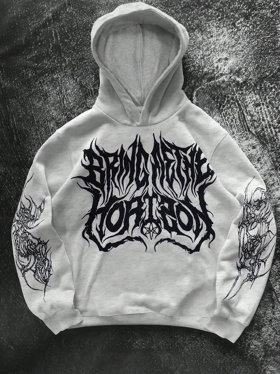 Manfinity Dauomo 男士字母和图案印花休闲长袖连帽卫衣 - 灰色 - 查看 1