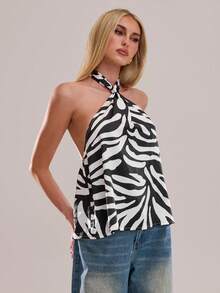 Avantive 秋季/夏季/冬季/返校季/女士演唱会/外出/生日/服装/休闲/千禧年/2000年代/90年代/性感/西部牛仔女装/波西米亚风/乡村风/夜店/办公室/鸡尾酒会/复古/紧身/锐舞音乐节/趣味/优雅/老钱/街头风/度假/乡村演唱会/工作/端庄/国庆新年派对/基础款/毕业/新年/时尚性感斑马纹露背吊带衫 - 黑與白 - 查看 6