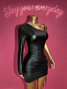 Slaydiva 2025 Autumn/Winter New Year, Valentine's Day, Party, Banquet, Date, Birthday Party, College Style, Student Wear, Daily Casual, Basic Versatile, Leisure, Cruise Travel, Viral Sensation, Elegant Romantic Sexy Party, Sexy Women's Club Sexy Black PU Asymmetric Collar, Asymmetric-Shoulder, Side Seam Eyelet Tape, Ruched, Tie-Up, Mini Dress, Club Mini Dress, Autumn/Winter Dress, Women's Dress - Black - View 10