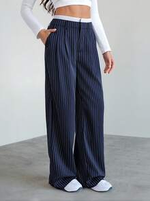 SHEIN Tall Quần ống rộng kẻ sọc xếp ly có cạp chun phối màu cho nữ mùa thu/đông - Màu xanh hải quân - Xem 1