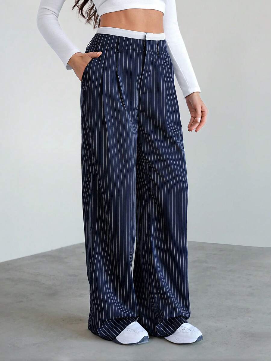 SHEIN Tall Quần ống rộng kẻ sọc xếp ly có cạp chun phối màu cho nữ mùa thu/đông - Màu xanh hải quân - Xem 1