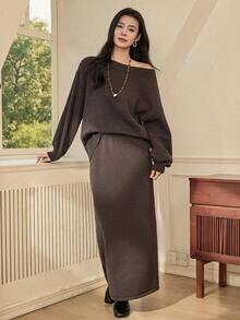 Dazy-Less 女士优雅简约圆领宽松针织毛衣和半裙两件套，秋冬商务休闲女装 - 深灰色 - 查看 3