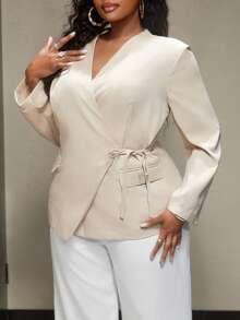 Truni Elyhuante_03 Plus Size Solid Color Tie Side Blazer In Fall/Winter, For Pear Triangle Body Shape - Black - View 8