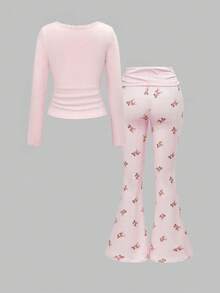 ROMWE J-Fashion Spring/Summer Cute Deer Embroidered Lace Blouse Paired With Deer Print Flare Pants, Autumn/Winter - Pink - View 3