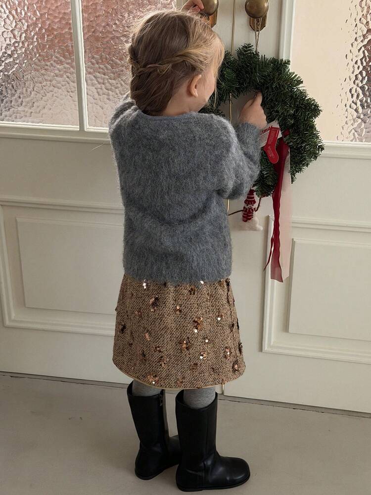 Young Girl Round Neck Fuzzy 2 In 1 Korean Casual Sweater, Autumn/Winter