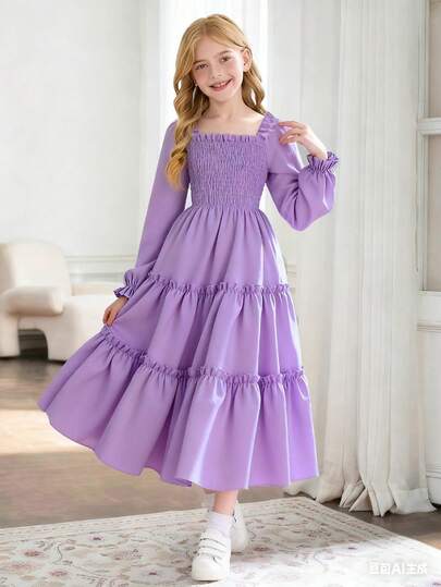 SHEIN Tween Girl Solid Color Square Neck Puff Sleeve Shirred Waist Ruffled Hem French Sweet Midi Dress