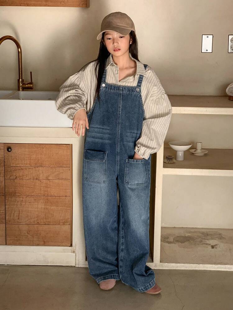 Tween Girls' Utility Pocket Casual Versatile Denim Bib Overall Jumpsuit