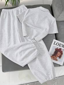 Resyla 2pcs Women Heart Pattern Casual Short Sleeve Half-Zip Top And Drawstring Pants Set - Grey - View 2