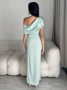 Modelyn Wedding Season, Spring And Summer Casual And Elegant Commuting, Daily Dates, Birthday Parties, Office Wear, Simple Best Friend Gatherings, High-End Banquets, Parties, Off-The-Shoulder Wraparound Collar Sleeveless Front Pleated Design, Slimming Long Dress, Mint Green Knitted Women's Extra-Long Dress - Mint Green - View 5