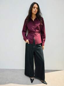 Maija 女士纯色束腰衬衫，时尚通勤红色衬衫，圣诞节女士新年女士酒红色衬衫 - 中紫紅色 - 查看 5