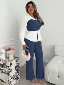 Xyvia 杏色和白色奢华通勤高端成熟智慧女士长袖上衣和阔腿裤两件套，AB面料拼接衬衫领翻领修身腰部上衣，罗纹阔腿裤，适合办公室、校园、商务、旅行、秋冬春季休闲穿着。 - 寶藍色 - 查看 5