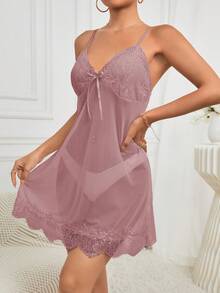 Women's Contrast Lace Long Sleeve Robe And Camisole Dress Sleepwear Set Lace Sleepwear Lingerie Robe Set Lace Robe Nightgown With Robe - Dusty Pink - View 4