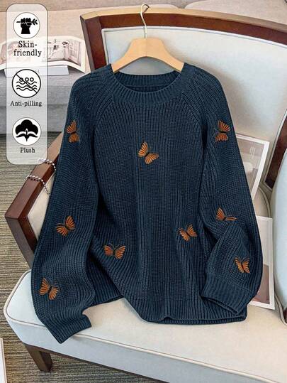 EMERY ROSE 女士纯色针织蝴蝶结刺绣花朵长袖常规优雅套头毛衣，秋冬毛衣搭配蝴蝶结蝴蝶结毛衣优雅毛衣